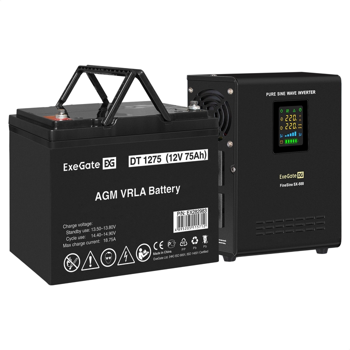 UPS set ExeGate FineSine SX-500.LCD.AVR.2SH + battery DT 1275 (12V, 75Ah), 1 piece UPS set ExeGate FineSine SX-500.LCD.AVR.2SH + battery DT 1275 (12V, 75Ah), 1 piece