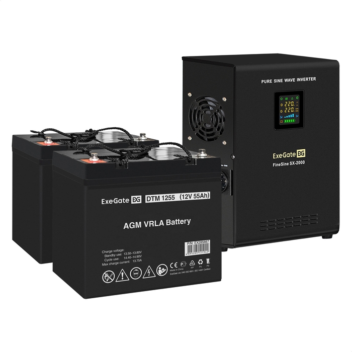 UPS set ExeGate FineSine SX-2000.LCD.AVR.2SH + battery DTM 1255 (12V, 55Ah), 2 pcsece UPS set ExeGate FineSine SX-2000.LCD.AVR.2SH + battery DTM 1255 (12V, 55Ah), 2 pcsece