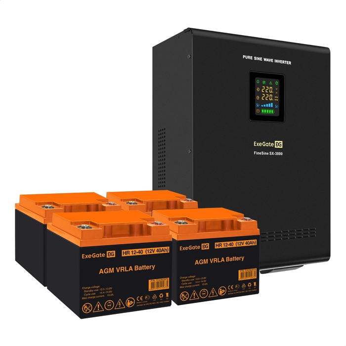 UPS set ExeGate FineSine SX-3000.LCD.AVR.2SH.T + battery HR 12-40 (12V, 40Ah),4 pcsece UPS set ExeGate FineSine SX-3000.LCD.AVR.2SH.T + battery HR 12-40 (12V, 40Ah),4 pcsece