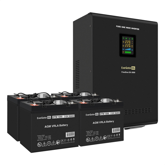 UPS set ExeGate FineSine SX-3000.LCD.AVR.2SH.T + battery DTM 1255 (12V, 55Ah), 4 pcsece UPS set ExeGate FineSine SX-3000.LCD.AVR.2SH.T + battery DTM 1255 (12V, 55Ah), 4 pcsece