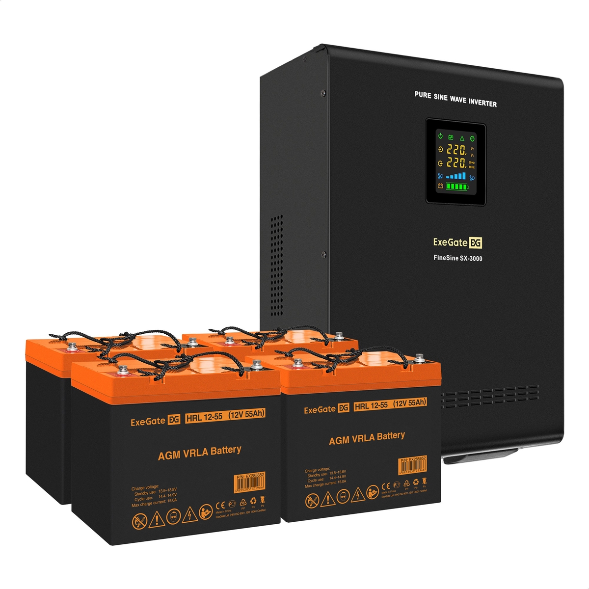 UPS set ExeGate FineSine SX-3000.LCD.AVR.2SH.T + battery HRL 12-55 (12V, 55Ah), 4 pcsece UPS set ExeGate FineSine SX-3000.LCD.AVR.2SH.T + battery HRL 12-55 (12V, 55Ah), 4 pcsece
