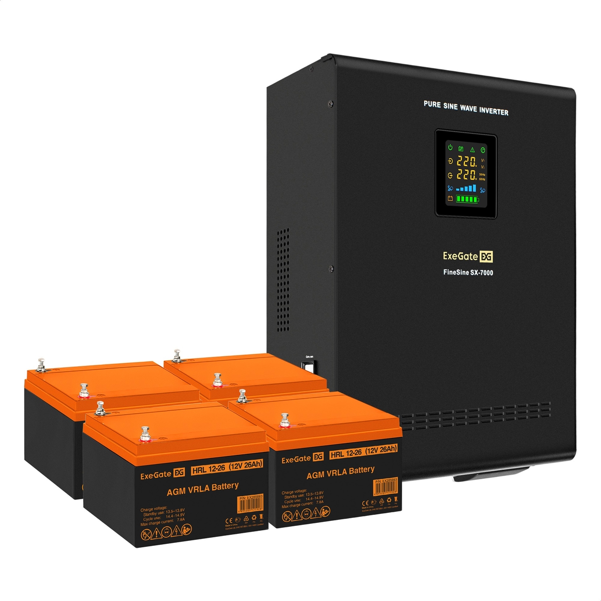 UPS set ExeGate FineSine SX-7000.LCD.AVR.2SH.T + battery HRL 12-26 (12V, 26Ah), 4 pcsece UPS set ExeGate FineSine SX-7000.LCD.AVR.2SH.T + battery HRL 12-26 (12V, 26Ah), 4 pcsece