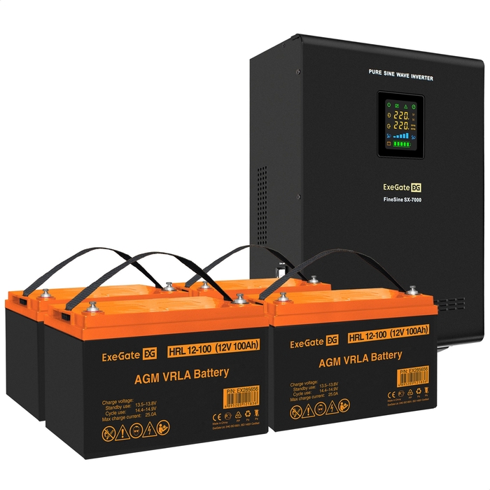UPS set ExeGate FineSine SX-7000.LCD.AVR.2SH.T + battery HRL 12-100 (12V, 100Ah), 4 pcsece UPS set ExeGate FineSine SX-7000.LCD.AVR.2SH.T + battery HRL 12-100 (12V, 100Ah), 4 pcsece