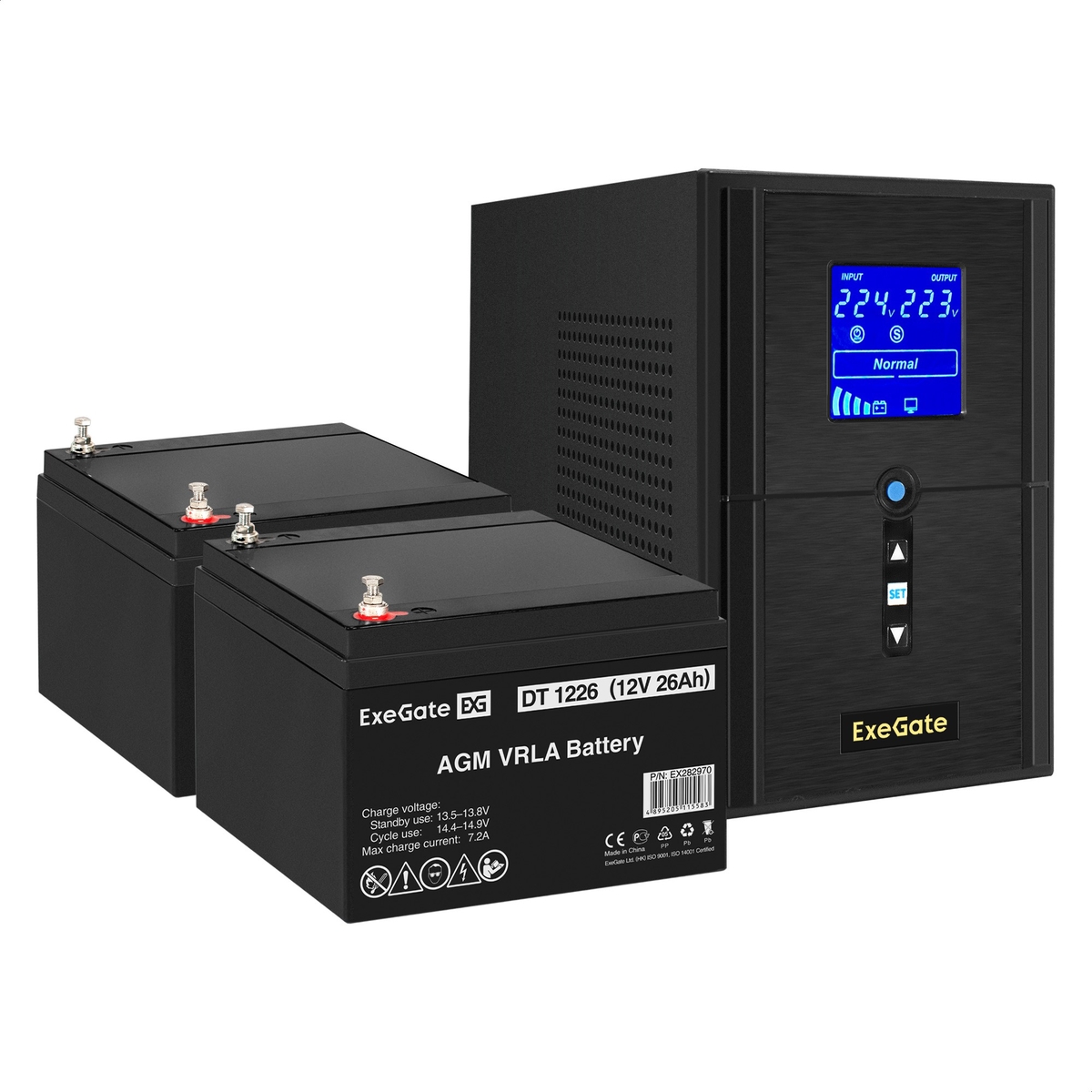 UPS set ExeGate SineTower SZ-1000.LCD.AVR.2SH.1C13.USB + battery DT 1226 (12V, 26Ah), 2 pcsece UPS set ExeGate SineTower SZ-1000.LCD.AVR.2SH.1C13.USB + battery DT 1226 (12V, 26Ah), 2 pcsece