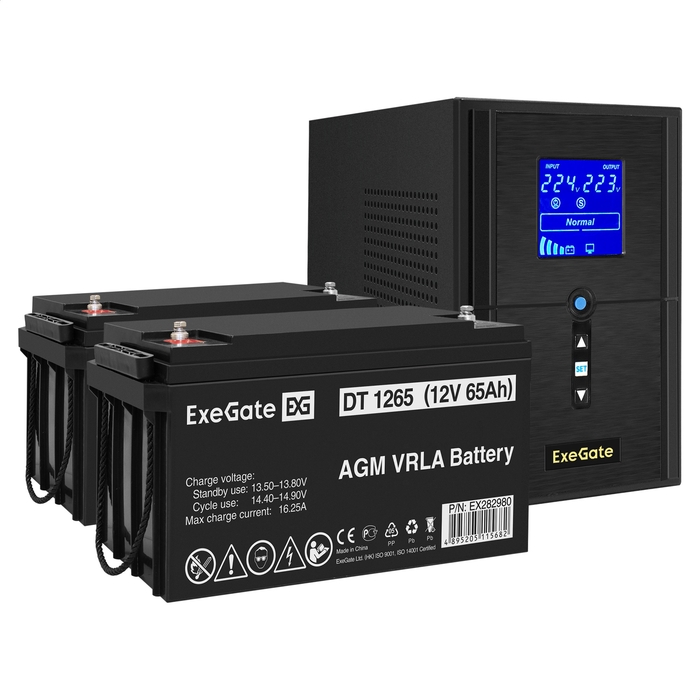 UPS set ExeGate SineTower SZ-1000.LCD.AVR.2SH.1C13.USB + battery DT 1265 (12V, 65Ah), 2 pcsece UPS set ExeGate SineTower SZ-1000.LCD.AVR.2SH.1C13.USB + battery DT 1265 (12V, 65Ah), 2 pcsece