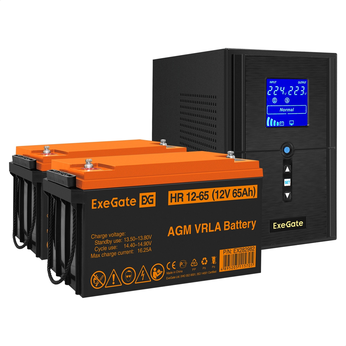 UPS set ExeGate SineTower SZ-1000.LCD.AVR.2SH.1C13.USB + battery HR 12-65 (12V, 65Ah), 2 pcsece UPS set ExeGate SineTower SZ-1000.LCD.AVR.2SH.1C13.USB + battery HR 12-65 (12V, 65Ah), 2 pcsece