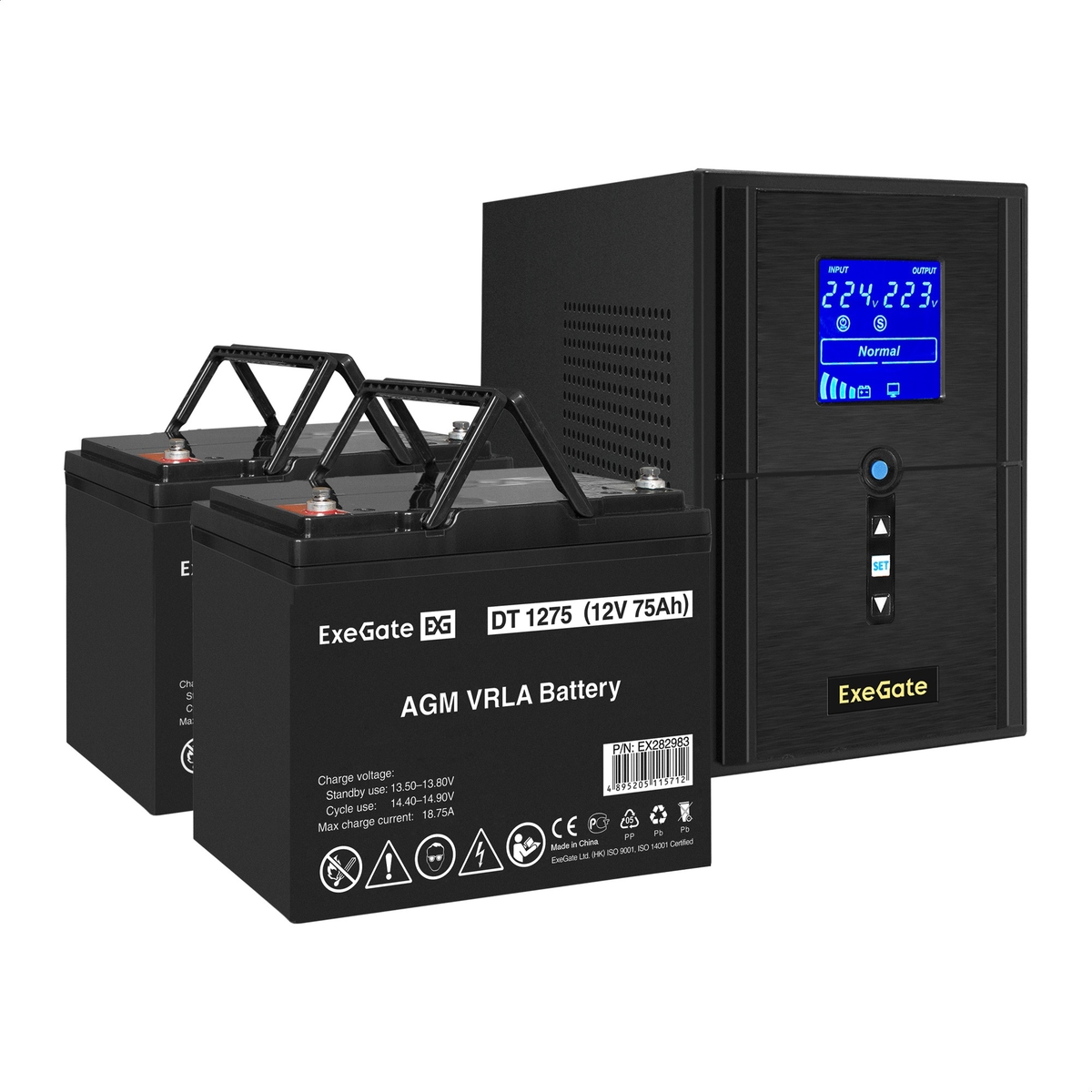 UPS set ExeGate SineTower SZ-1000.LCD.AVR.2SH.1C13.USB + battery DT 1275 (12V, 75Ah), 2 pcsece UPS set ExeGate SineTower SZ-1000.LCD.AVR.2SH.1C13.USB + battery DT 1275 (12V, 75Ah), 2 pcsece