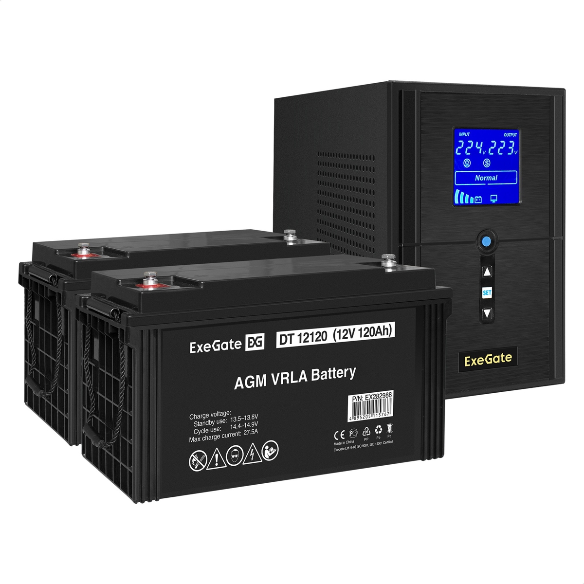 UPS set ExeGate SineTower SZ-1000.LCD.AVR.2SH.1C13.USB + battery DT 12120 (12V, 120Ah), 2 pcsece UPS set ExeGate SineTower SZ-1000.LCD.AVR.2SH.1C13.USB + battery DT 12120 (12V, 120Ah), 2 pcsece