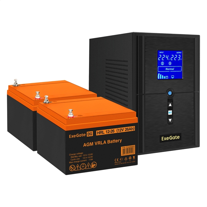 UPS set ExeGate SineTower SZ-1500.LCD.AVR.2SH.1C13.USB + battery HRL 12-26 (12V, 26Ah), 2 pcsece UPS set ExeGate SineTower SZ-1500.LCD.AVR.2SH.1C13.USB + battery HRL 12-26 (12V, 26Ah), 2 pcsece