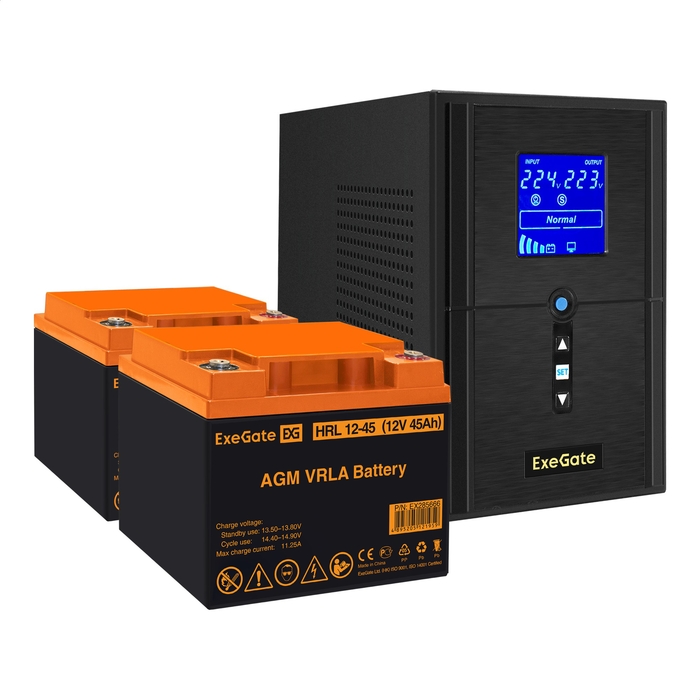 UPS set ExeGate SineTower SZ-1500.LCD.AVR.2SH.1C13.USB + battery HRL 12-45 (12V, 45Ah), 2 pcsece UPS set ExeGate SineTower SZ-1500.LCD.AVR.2SH.1C13.USB + battery HRL 12-45 (12V, 45Ah), 2 pcsece