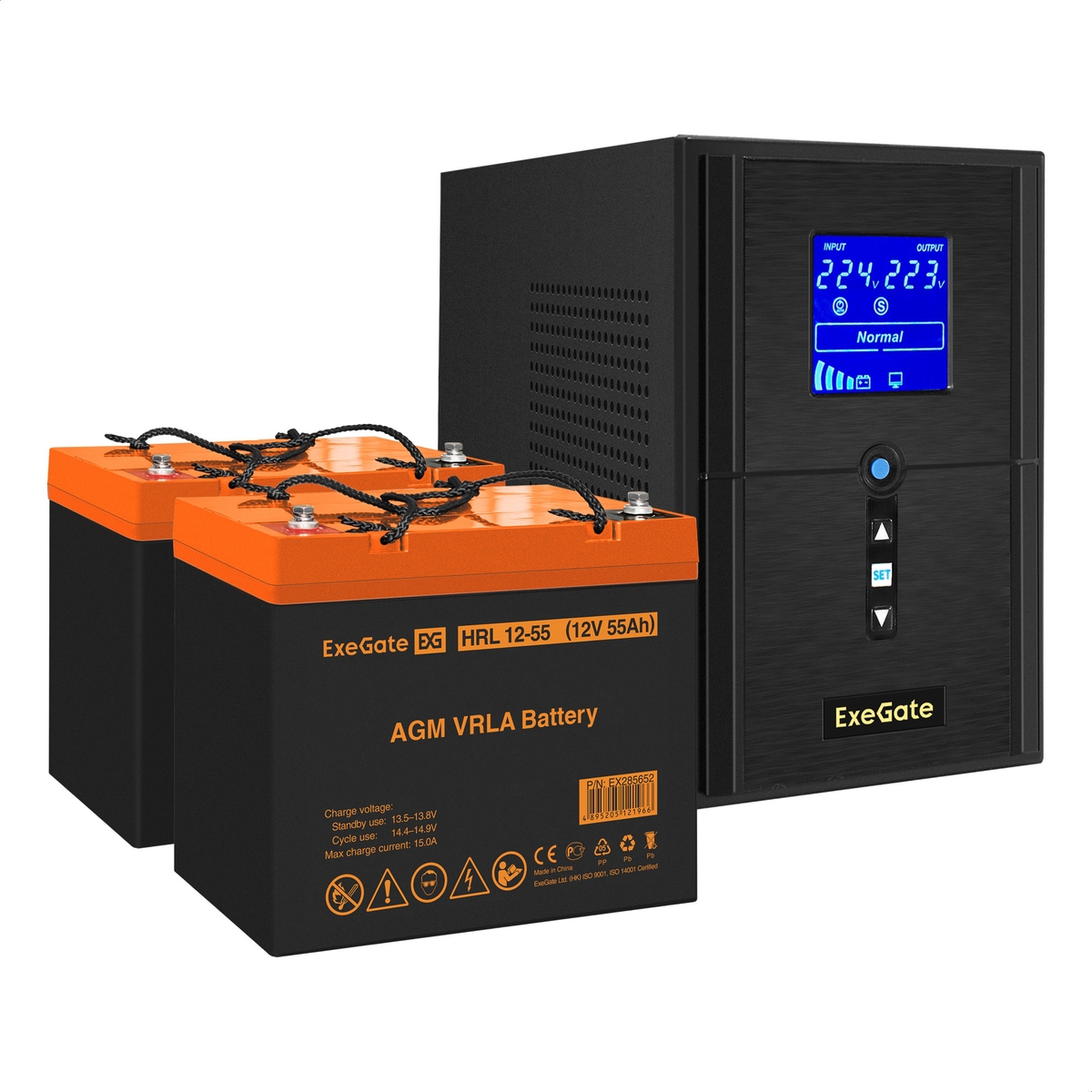 UPS set ExeGate SineTower SZ-1500.LCD.AVR.2SH.1C13.USB + battery HRL 12-55 (12V, 55Ah), 2 pcsece UPS set ExeGate SineTower SZ-1500.LCD.AVR.2SH.1C13.USB + battery HRL 12-55 (12V, 55Ah), 2 pcsece