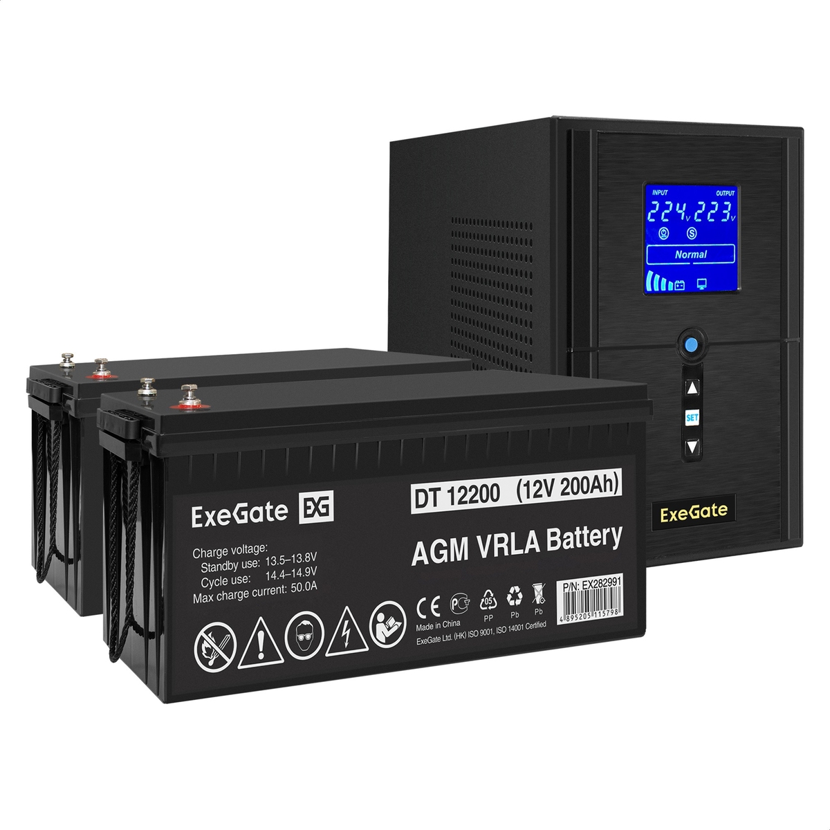 UPS set ExeGate SineTower SZ-1500.LCD.AVR.2SH.1C13.USB + battery DT 12200 (12V, 200Ah), 2 pcsece UPS set ExeGate SineTower SZ-1500.LCD.AVR.2SH.1C13.USB + battery DT 12200 (12V, 200Ah), 2 pcsece