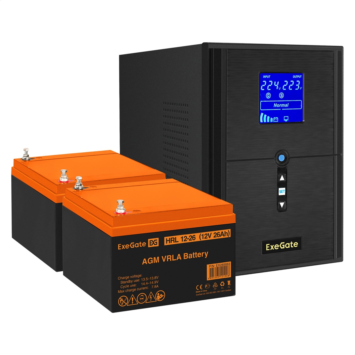 UPS set ExeGate SineTower SZ-2000.LCD.AVR.3SH.1C13.USB + battery HRL 12-26 (12V, 26Ah), 2 pcsece UPS set ExeGate SineTower SZ-2000.LCD.AVR.3SH.1C13.USB + battery HRL 12-26 (12V, 26Ah), 2 pcsece