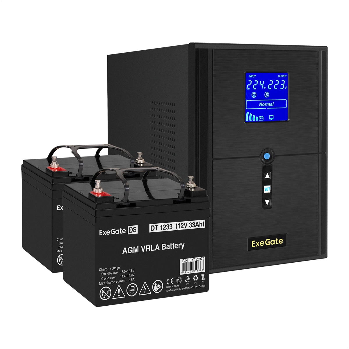 UPS set ExeGate SineTower SZ-2000.LCD.AVR.3SH.1C13.USB + battery DT 1233 (12V, 33Ah), 2 pcsece UPS set ExeGate SineTower SZ-2000.LCD.AVR.3SH.1C13.USB + battery DT 1233 (12V, 33Ah), 2 pcsece