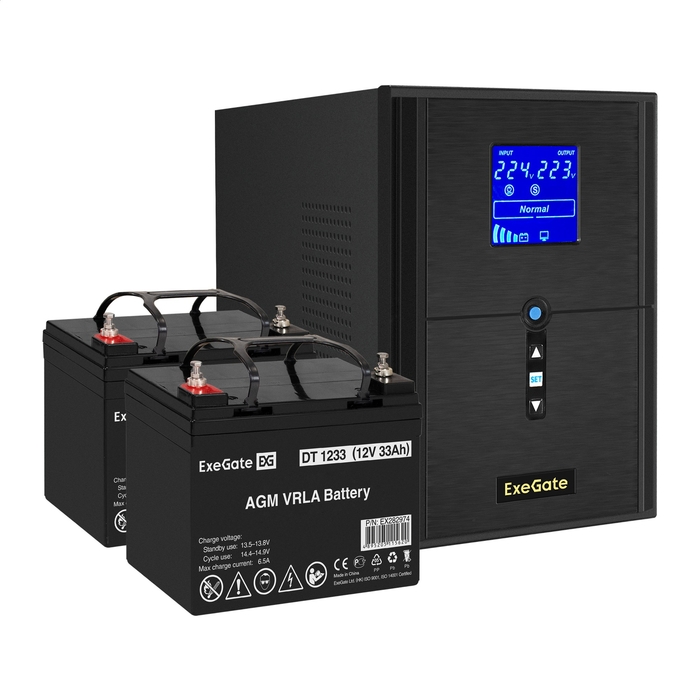 UPS set ExeGate SineTower SZ-2000.LCD.AVR.3SH.1C13.USB + battery DT 1233 (12V, 33Ah), 2 pcsece UPS set ExeGate SineTower SZ-2000.LCD.AVR.3SH.1C13.USB + battery DT 1233 (12V, 33Ah), 2 pcsece