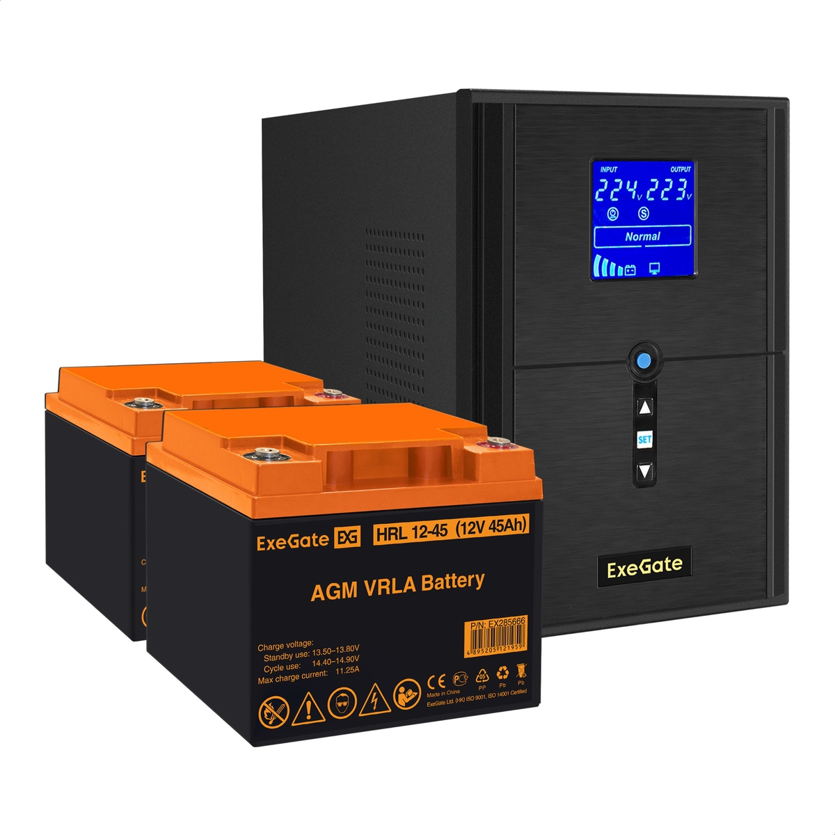UPS set ExeGate SineTower SZ-2000.LCD.AVR.3SH.1C13.USB + battery HRL 12-45 (12V, 45Ah), 2 pcsece UPS set ExeGate SineTower SZ-2000.LCD.AVR.3SH.1C13.USB + battery HRL 12-45 (12V, 45Ah), 2 pcsece