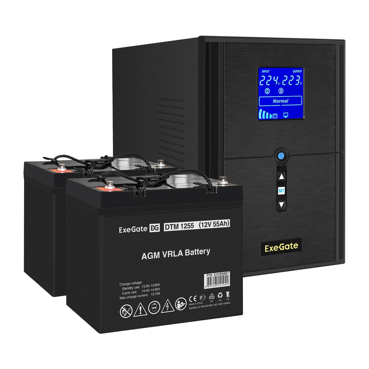 UPS set ExeGate SineTower SZ-2000.LCD.AVR.3SH.1C13.USB + battery DTM 1255 (12V, 55Ah), 2 pcsece UPS set ExeGate SineTower SZ-2000.LCD.AVR.3SH.1C13.USB + battery DTM 1255 (12V, 55Ah), 2 pcsece