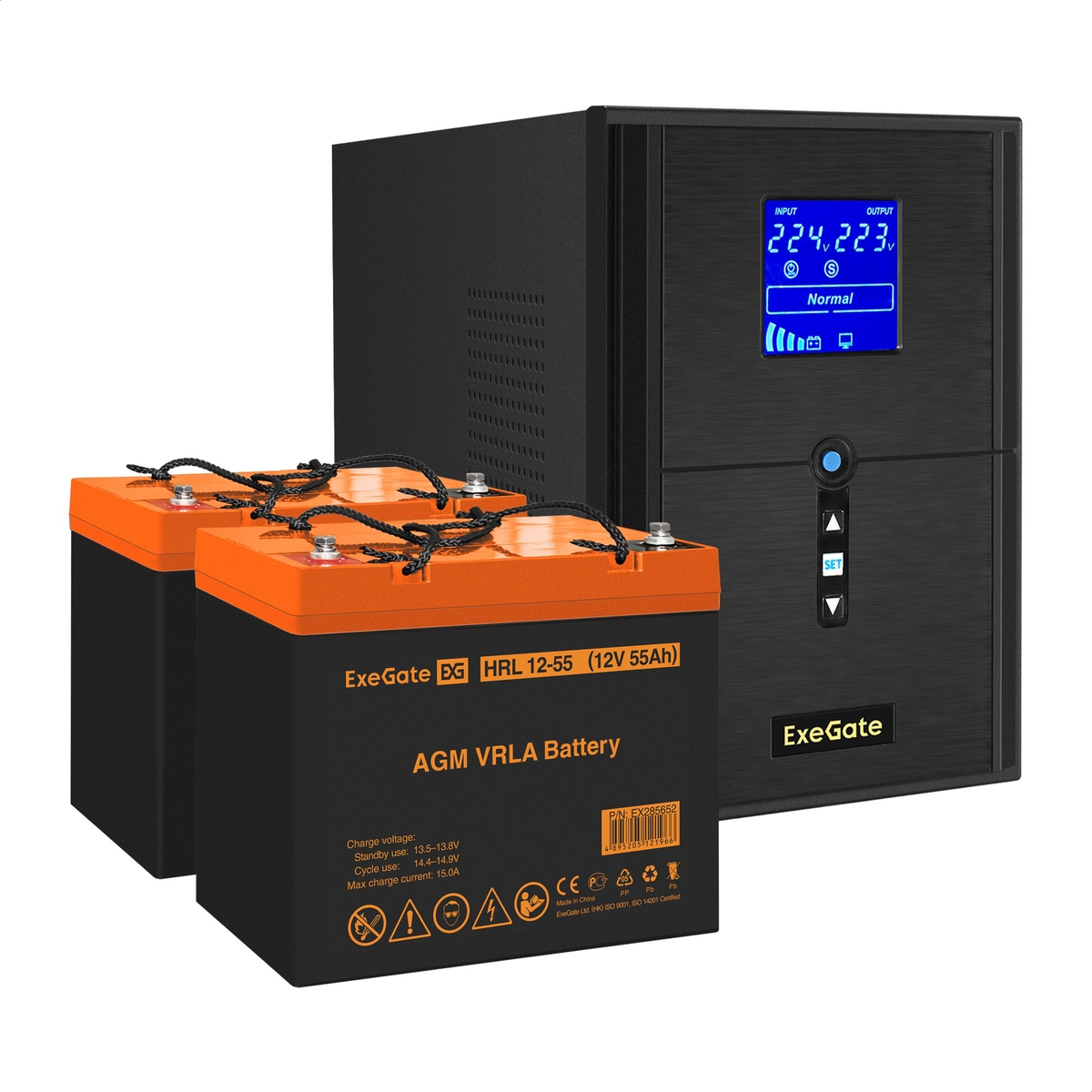 UPS set ExeGate SineTower SZ-2000.LCD.AVR.3SH.1C13.USB + battery HRL 12-55 (12V, 55Ah), 2 pcsece UPS set ExeGate SineTower SZ-2000.LCD.AVR.3SH.1C13.USB + battery HRL 12-55 (12V, 55Ah), 2 pcsece