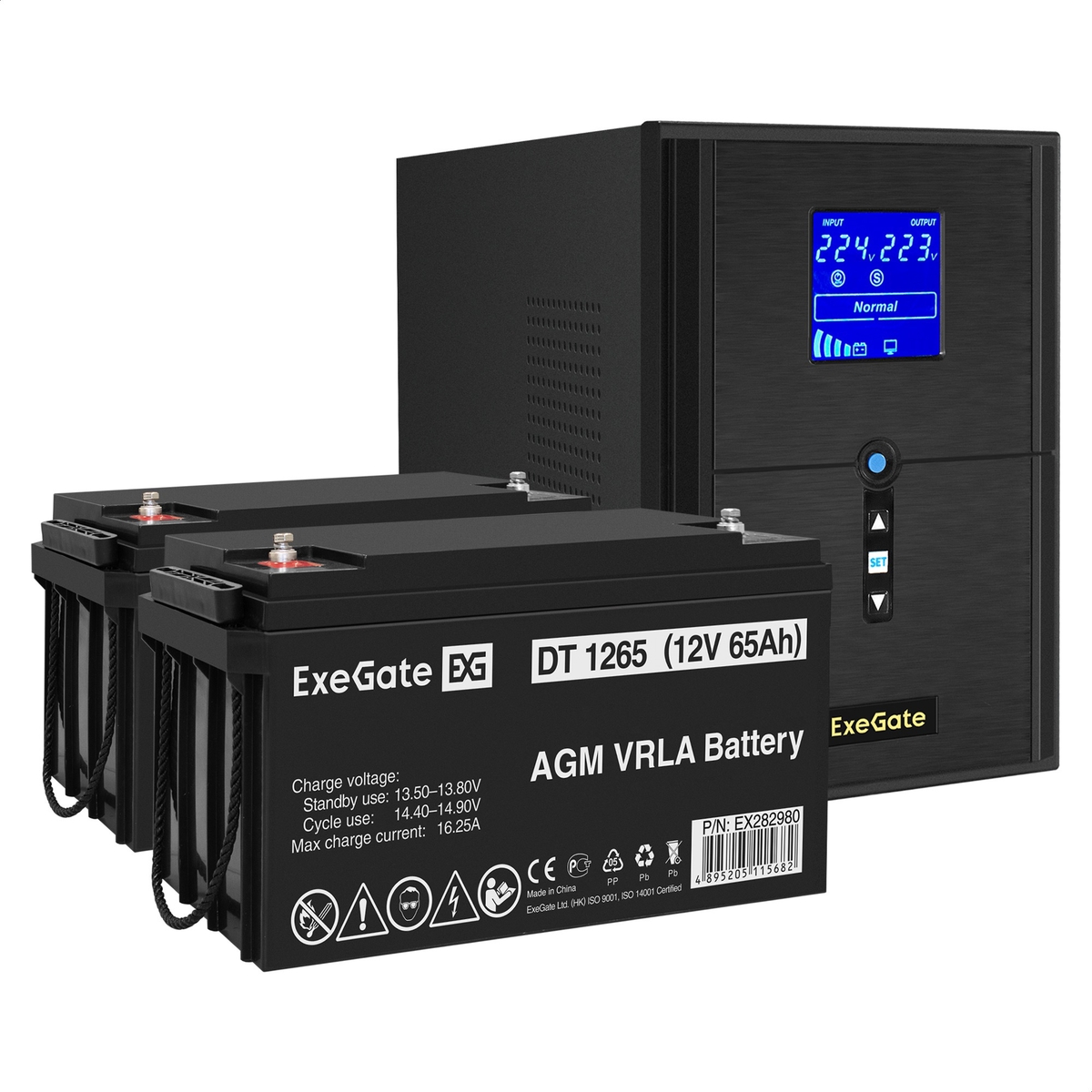 UPS set ExeGate SineTower SZ-2000.LCD.AVR.3SH.1C13.USB + battery DT 1265 (12V, 65Ah), 2 pcsece UPS set ExeGate SineTower SZ-2000.LCD.AVR.3SH.1C13.USB + battery DT 1265 (12V, 65Ah), 2 pcsece