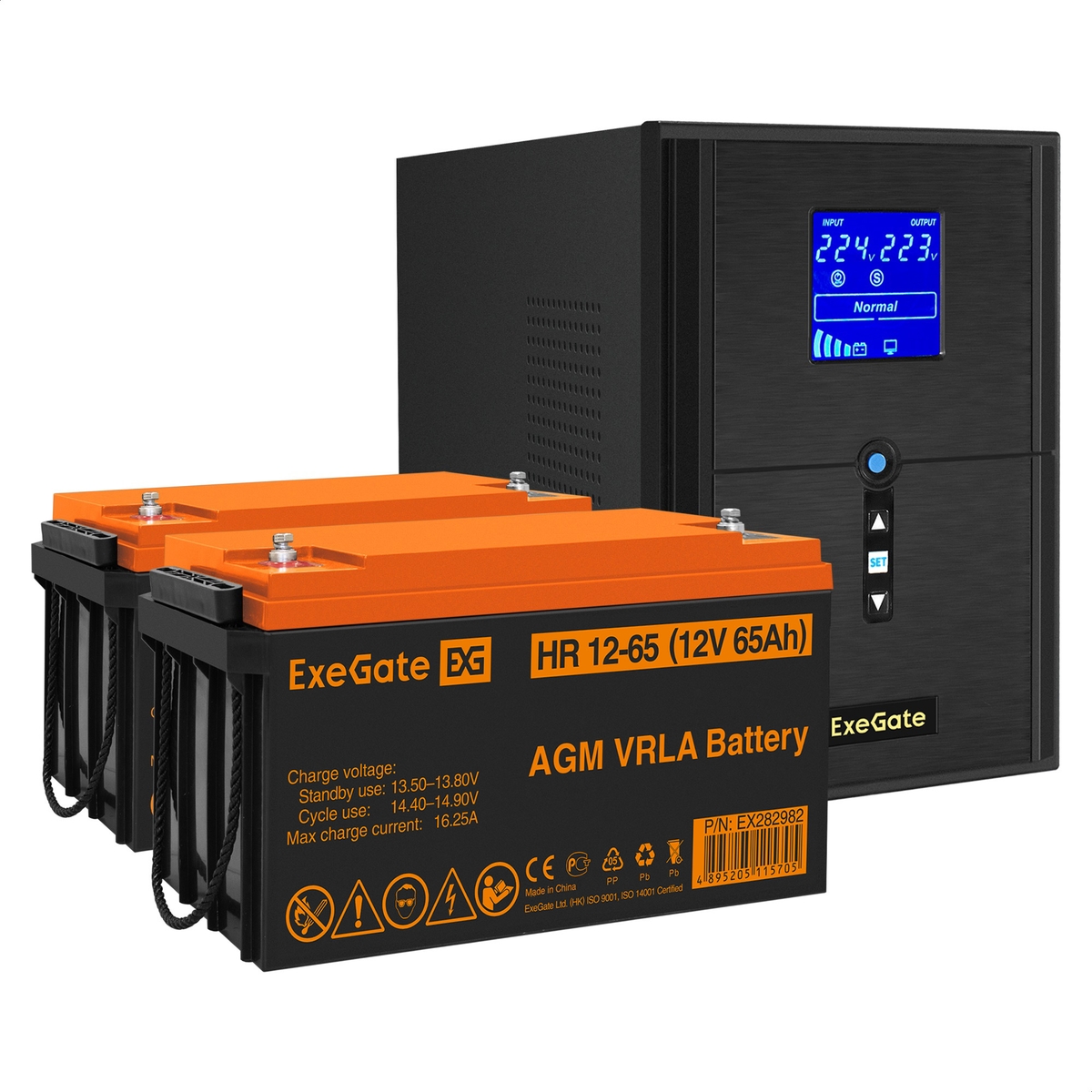 UPS set ExeGate SineTower SZ-2000.LCD.AVR.3SH.1C13.USB + battery HR 12-65 (12V, 65Ah), 2 pcsece UPS set ExeGate SineTower SZ-2000.LCD.AVR.3SH.1C13.USB + battery HR 12-65 (12V, 65Ah), 2 pcsece