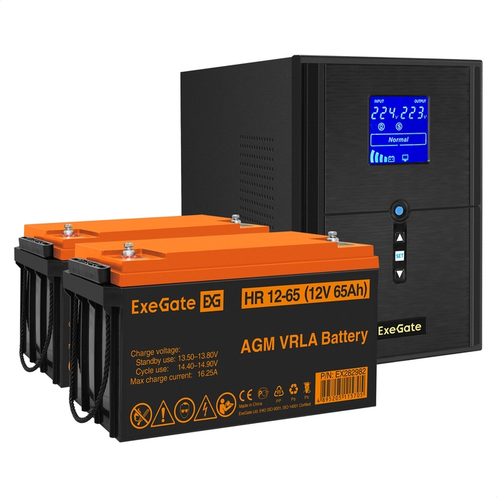 UPS set ExeGate SineTower SZ-2000.LCD.AVR.3SH.1C13.USB + battery HR 12-65 (12V, 65Ah), 2 pcsece UPS set ExeGate SineTower SZ-2000.LCD.AVR.3SH.1C13.USB + battery HR 12-65 (12V, 65Ah), 2 pcsece