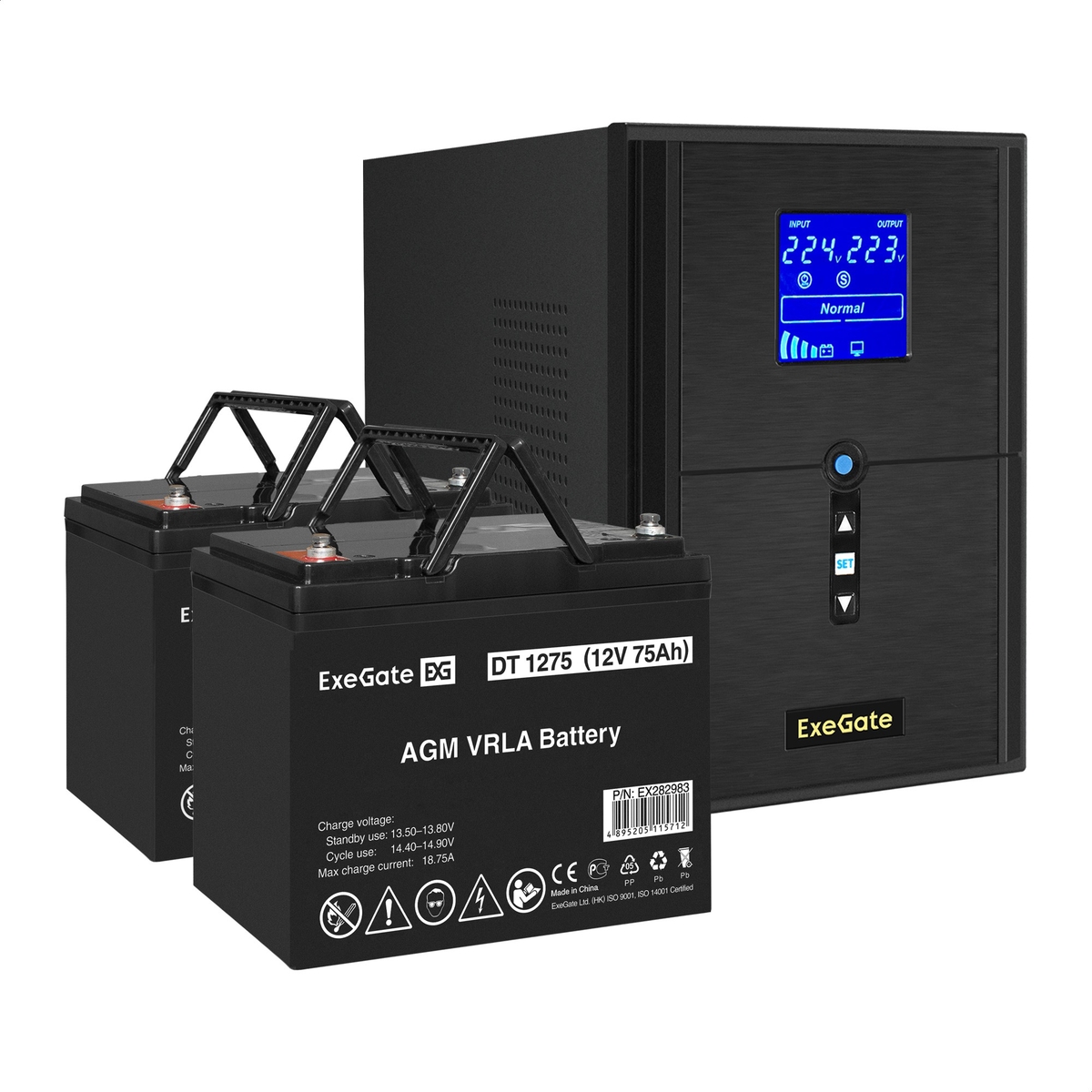 UPS set ExeGate SineTower SZ-2000.LCD.AVR.3SH.1C13.USB + battery DT 1275 (12V, 75Ah), 2 pcsece UPS set ExeGate SineTower SZ-2000.LCD.AVR.3SH.1C13.USB + battery DT 1275 (12V, 75Ah), 2 pcsece