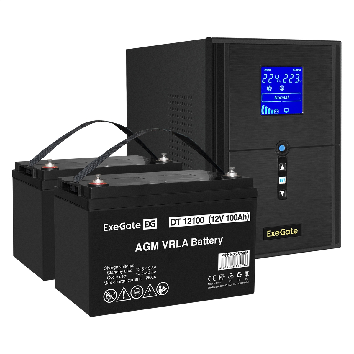 UPS set ExeGate SineTower SZ-2000.LCD.AVR.3SH.1C13.USB + battery DT 12100 (12V, 100Ah), 2 pcsece UPS set ExeGate SineTower SZ-2000.LCD.AVR.3SH.1C13.USB + battery DT 12100 (12V, 100Ah), 2 pcsece
