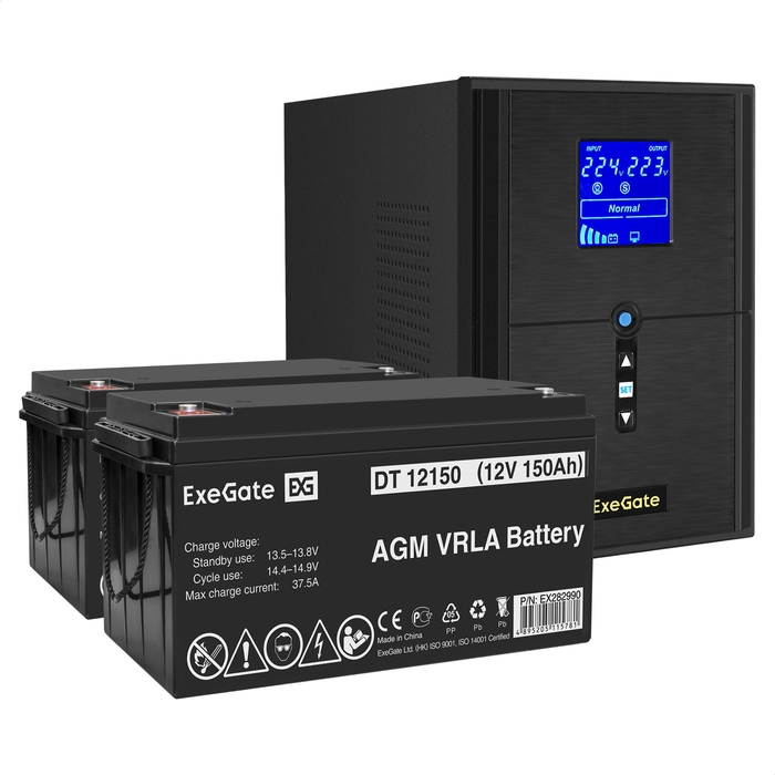 UPS set ExeGate SineTower SZ-2000.LCD.AVR.3SH.1C13.USB + battery DT 12150 (12V, 150Ah), 2 pcsece UPS set ExeGate SineTower SZ-2000.LCD.AVR.3SH.1C13.USB + battery DT 12150 (12V, 150Ah), 2 pcsece