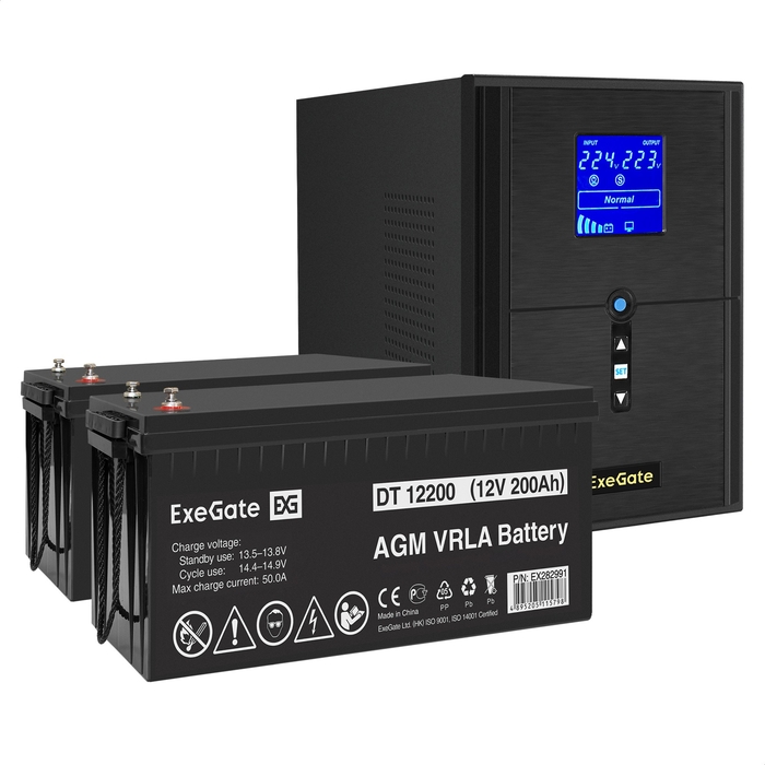 UPS set ExeGate SineTower SZ-2000.LCD.AVR.3SH.1C13.USB + battery DT 12200 (12V, 200Ah), 2 pcsece UPS set ExeGate SineTower SZ-2000.LCD.AVR.3SH.1C13.USB + battery DT 12200 (12V, 200Ah), 2 pcsece
