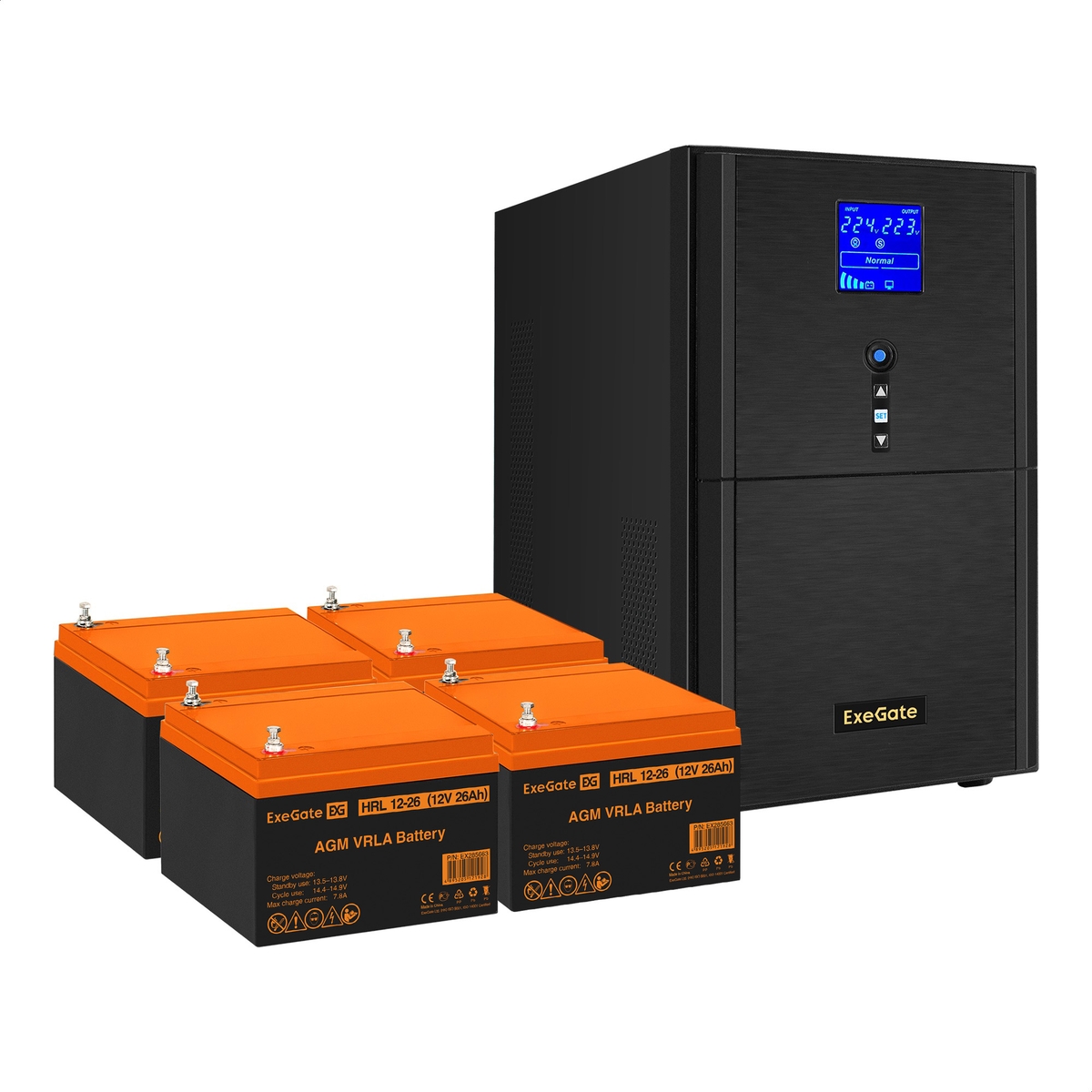 UPS set ExeGate SineTower SZ-3000.LCD.AVR.3SH.1C13.RJ.USB + battery HRL 12-26 (12V, 26Ah), 4 pcsece UPS set ExeGate SineTower SZ-3000.LCD.AVR.3SH.1C13.RJ.USB + battery HRL 12-26 (12V, 26Ah), 4 pcsece