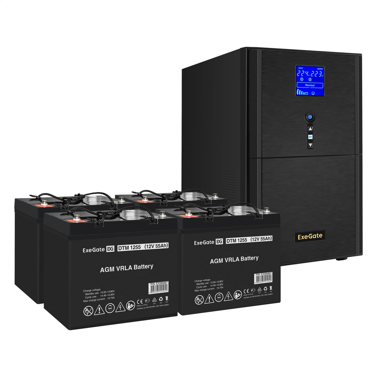 UPS set ExeGate SineTower SZ-3000.LCD.AVR.3SH.1C13.RJ.USB + battery DTM 1255 (12V, 55Ah), 4 pcsece UPS set ExeGate SineTower SZ-3000.LCD.AVR.3SH.1C13.RJ.USB + battery DTM 1255 (12V, 55Ah), 4 pcsece