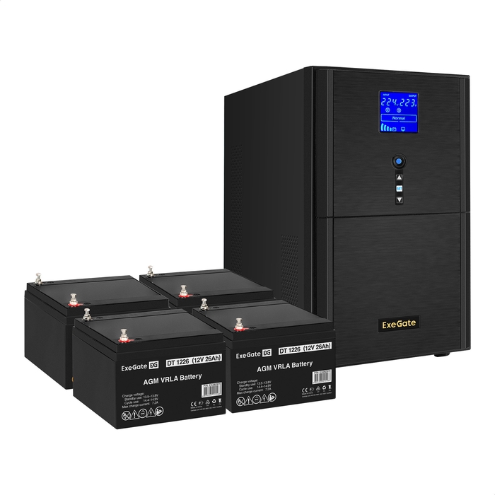 UPS set ExeGate SineTower SZ-5000.LCD.AVR.2SH.1C13.T.RJ.USB + battery DT 1226 (12V, 26Ah), 4 pcsece UPS set ExeGate SineTower SZ-5000.LCD.AVR.2SH.1C13.T.RJ.USB + battery DT 1226 (12V, 26Ah), 4 pcsece