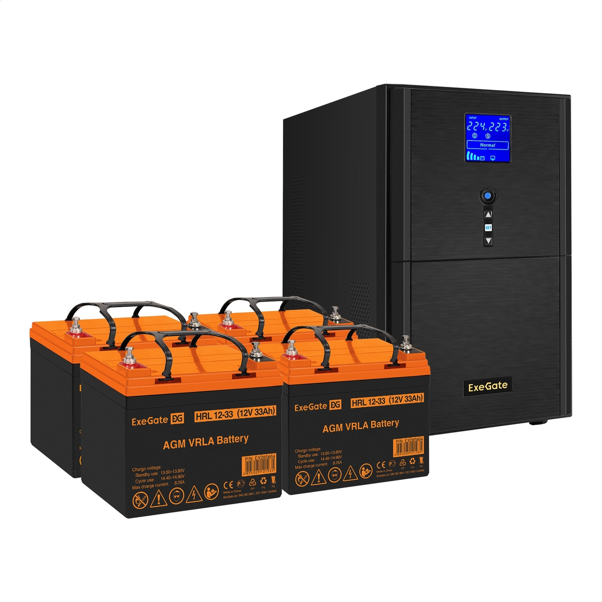 UPS set ExeGate SineTower SZ-5000.LCD.AVR.2SH.1C13.T.RJ.USB + battery HRL 12-33 (12V, 33Ah), 4 pcsece UPS set ExeGate SineTower SZ-5000.LCD.AVR.2SH.1C13.T.RJ.USB + battery HRL 12-33 (12V, 33Ah), 4 pcsece
