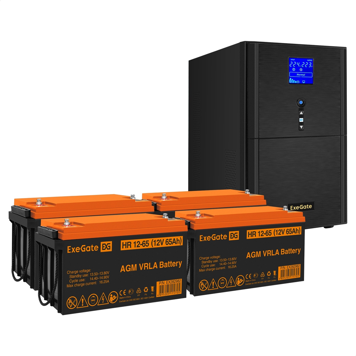 UPS set ExeGate SineTower SZ-5000.LCD.AVR.2SH.1C13.T.RJ.USB + battery HR 12-65 (12V, 65Ah), 4 pcsece UPS set ExeGate SineTower SZ-5000.LCD.AVR.2SH.1C13.T.RJ.USB + battery HR 12-65 (12V, 65Ah), 4 pcsece