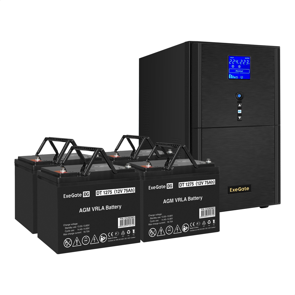 UPS set ExeGate SineTower SZ-5000.LCD.AVR.2SH.1C13.T.RJ.USB + battery DT 1275 (12V, 75Ah), 4 pcsece UPS set ExeGate SineTower SZ-5000.LCD.AVR.2SH.1C13.T.RJ.USB + battery DT 1275 (12V, 75Ah), 4 pcsece