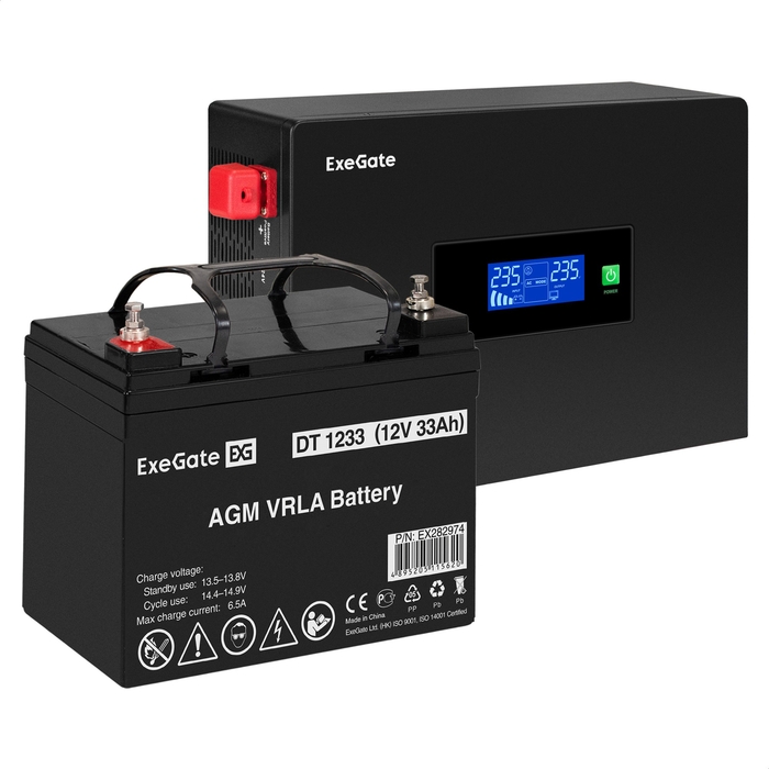 UPS set ExeGate IdealSine SR-1000.LCD.2SH + battery DT 1233 (12V/33Ah), 1 piece UPS set ExeGate IdealSine SR-1000.LCD.2SH + battery DT 1233 (12V/33Ah), 1 piece
