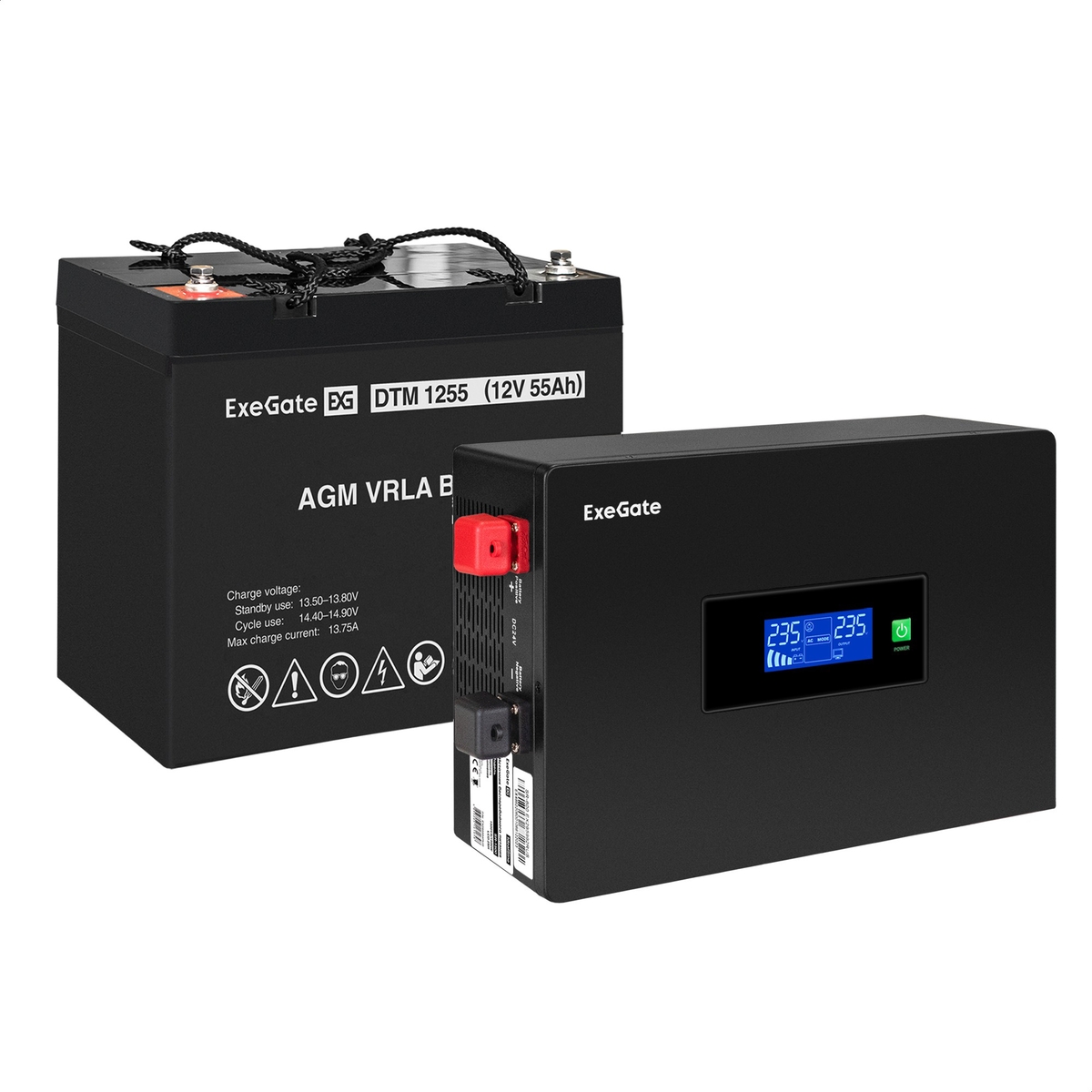 UPS set ExeGate IdealSine SR-1000.LCD.2SH + battery DTM 1255 (12V/55Ah), 1 piece UPS set ExeGate IdealSine SR-1000.LCD.2SH + battery DTM 1255 (12V/55Ah), 1 piece