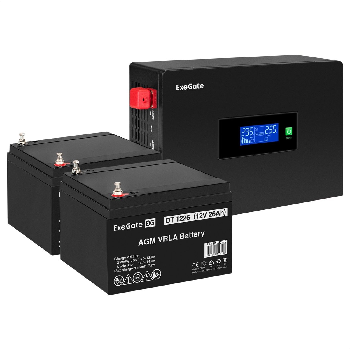 UPS set ExeGate IdealSine SR-1500.LCD.2SH + battery DT 1226 (12V/26Ah), 2 pcsece UPS set ExeGate IdealSine SR-1500.LCD.2SH + battery DT 1226 (12V/26Ah), 2 pcsece