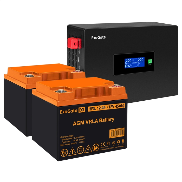 UPS set ExeGate IdealSine SR-1500.LCD.2SH + battery HRL 12-45 (12V/45Ah), 2 pcsece UPS set ExeGate IdealSine SR-1500.LCD.2SH + battery HRL 12-45 (12V/45Ah), 2 pcsece