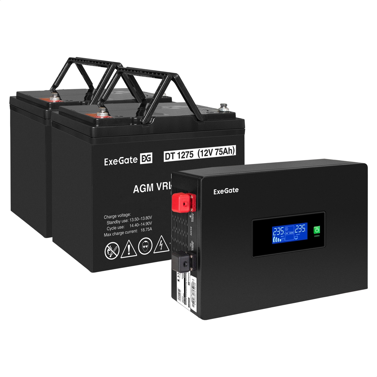 UPS set ExeGate IdealSine SR-1500.LCD.2SH + battery DT 1275 (12V/75Ah), 2 pcsece UPS set ExeGate IdealSine SR-1500.LCD.2SH + battery DT 1275 (12V/75Ah), 2 pcsece