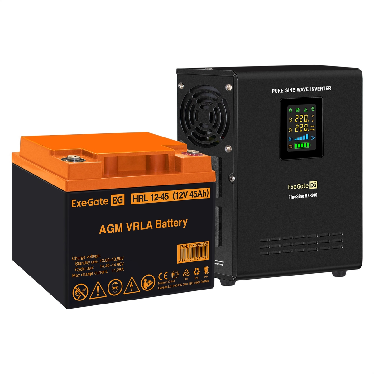 UPS set ExeGate FineSine SX-500.LCD.AVR.2SH + battery HRL 12-45 (12V, 45Ah), 1 piece