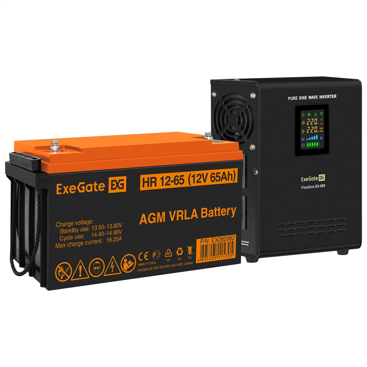 UPS set ExeGate FineSine SX-800.LCD.AVR.2SH + battery HR 12-65 (12V, 65Ah), 1 piece