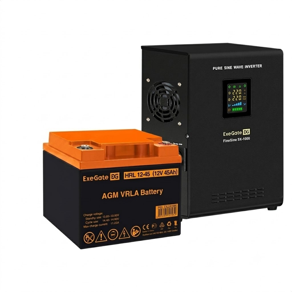 UPS set ExeGate FineSine SX-1000.LCD.AVR.2SH + battery HRL 12-45 (12V, 45Ah), 1 piece