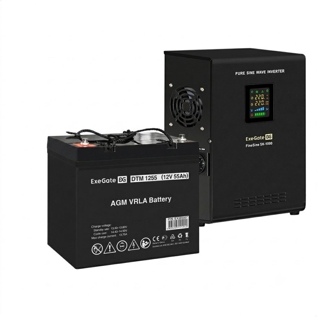 UPS set ExeGate FineSine SX-1000.LCD.AVR.2SH + battery DTM 1255 (12V, 55Ah), 1 piece