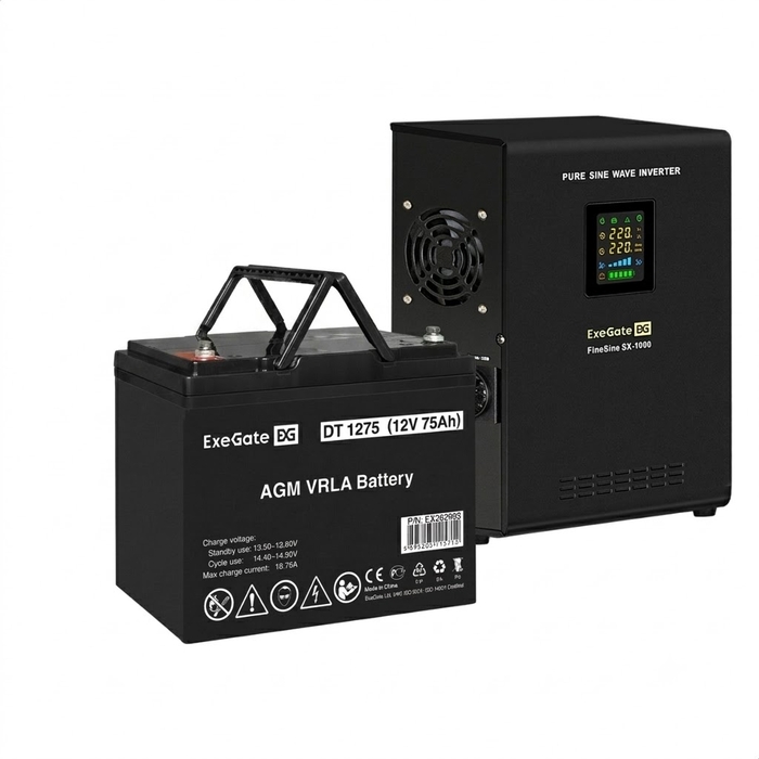UPS set ExeGate FineSine SX-1000.LCD.AVR.2SH + battery DT 1275 (12V, 75Ah), 1 piece