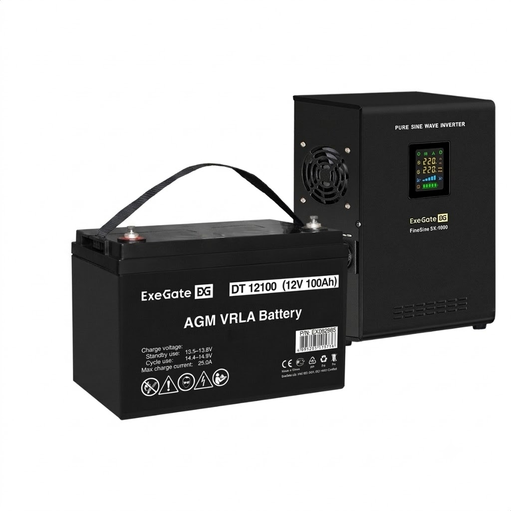 UPS set ExeGate FineSine SX-1000.LCD.AVR.2SH + battery DT 12100 (12V, 100Ah), 1 piece