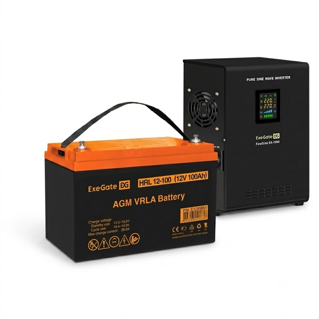 UPS set ExeGate FineSine SX-1000.LCD.AVR.2SH + battery HRL 12-100 (12V, 100Ah), 1 piece