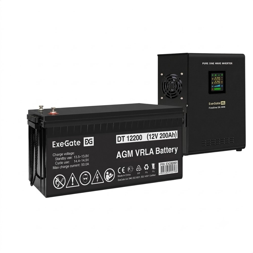 UPS set ExeGate FineSine SX-1000.LCD.AVR.2SH + battery DT 12200 (12V, 200Ah), 1 piece