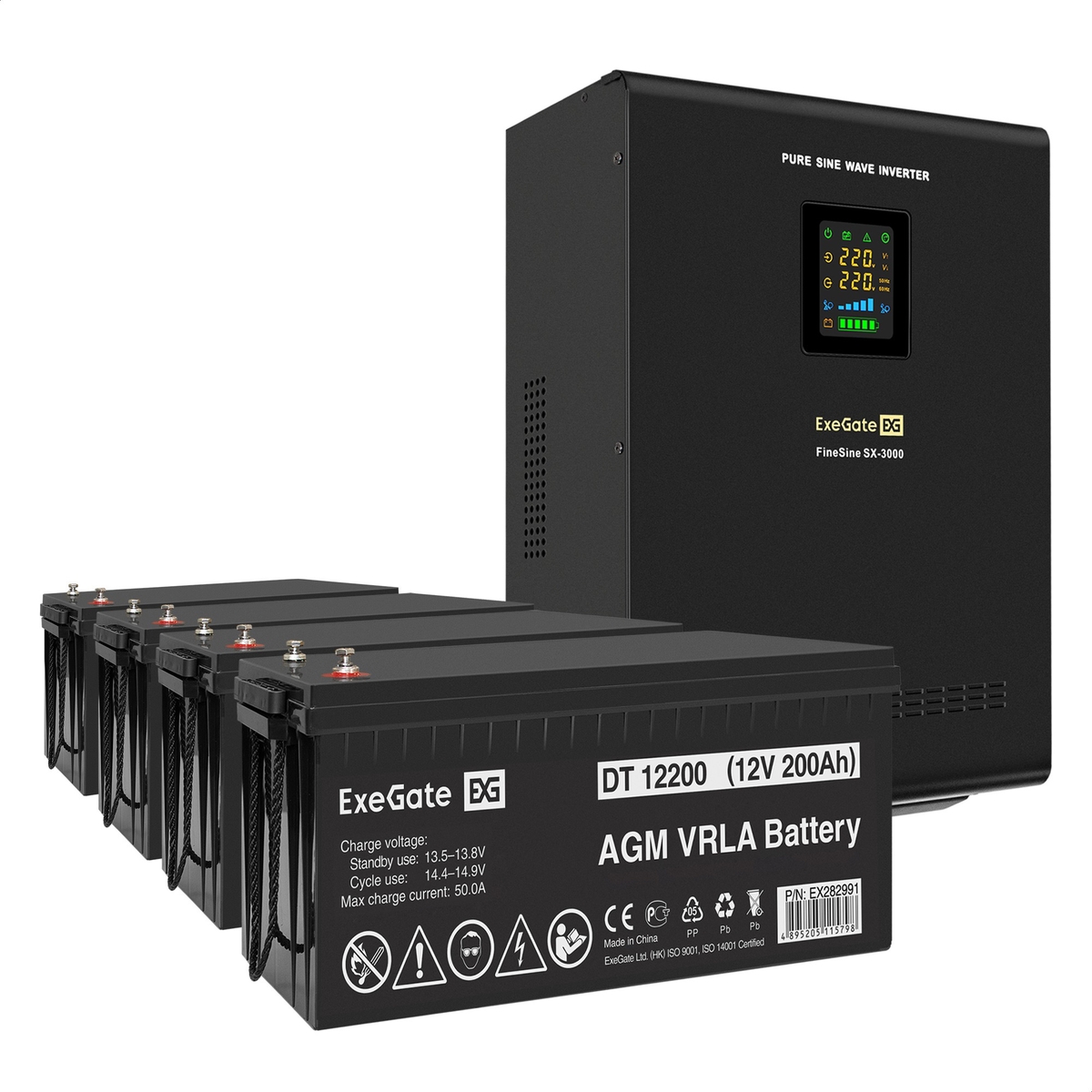 UPS set ExeGate FineSine SX-3000.LCD.AVR.2SH.T + battery DT 12200 (12V, 200Ah), 4 pcsece