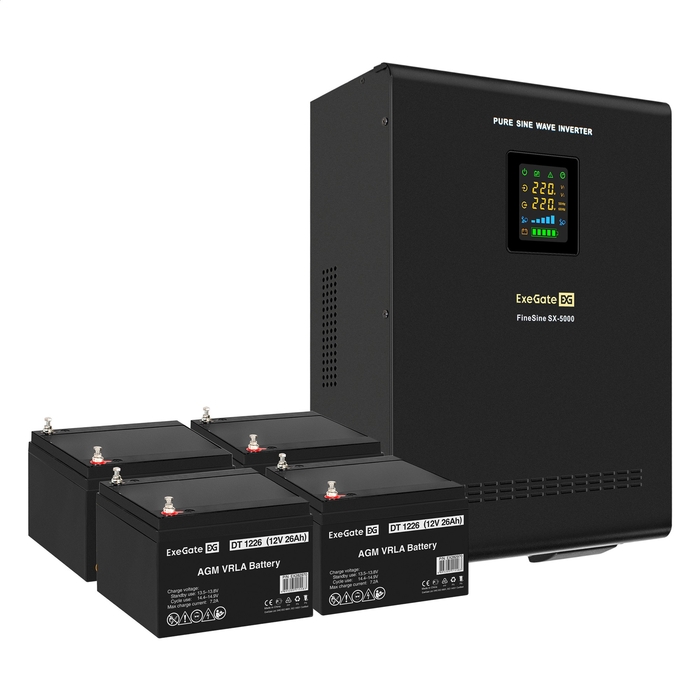 UPS set ExeGate FineSine SX-5000.LCD.AVR.2SH.T + battery DT 1226 (12V, 26Ah), 4 pcsece